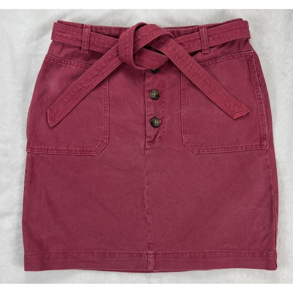 Cyrillus Paris Denim Mini Skirt Womens Size 36 Mauve Pink Button Fly Belted